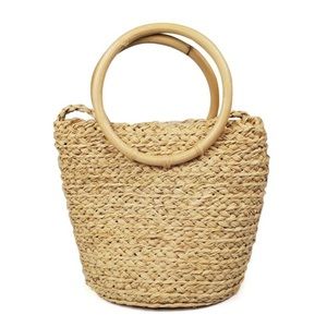 NEW! Hat Attack Cuff Bag Natural Straw Woven Mini Tote Bamboo Circle Handles NWT